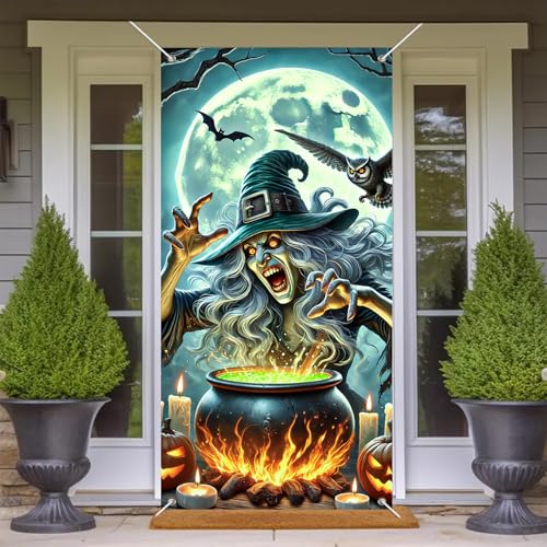 Halloween Door Cover Jack Lantern Witch 35x71 Inch Polyester - Seasonal Front Door Decor