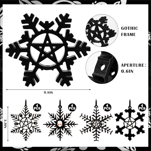 Gothic Christmas Tree Topper Set with Black Snowflake Ornaments - 17 Pieces