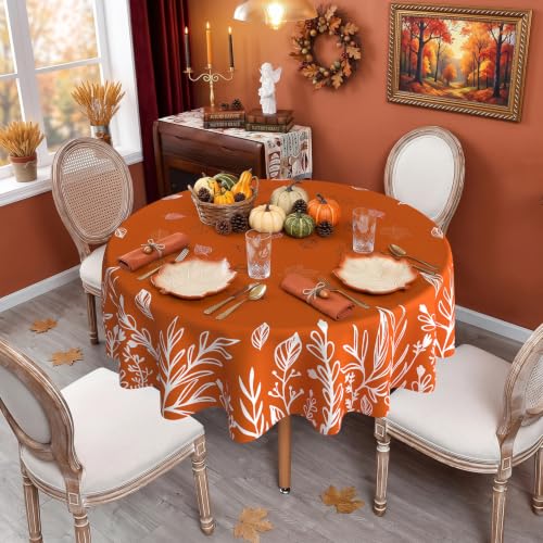 Fall Leaf Round Tablecloth 90 Inch - Autumn Leaves and Wild Flowers, Stain Resistant Washable Fabric, Fall Decor