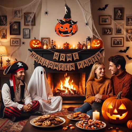 Halloween Wooden Door Sign - Pumpkin Ghost Welcome Hanging Decor for Front Door & Wall - Fall Holiday Wreath
