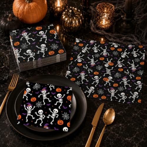 Halloween Paper Napkins Dancing Skeleton Skull Design 50 Pcs - Skull & Pumpkin Variation