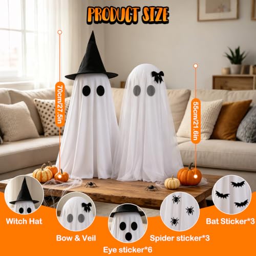 Light Up Halloween Ghost Decorations with Remote Control - 2 Pack Spooky Ghosts with Witch Hat & Veil