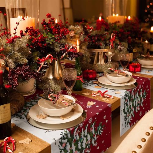 Christmas Table Runner Cotton Linen 13 x 90 Inches Snowman Rustic Red Snowflake