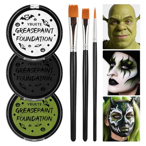 Ogre Green White Black Oil-Based Face Paint Kit for Halloween - SFX Makeup Set with Brushes