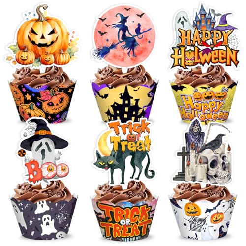 Halloween Cupcake Toppers and Wrappers Set - 48 Pcs Spooky Party Decorations
