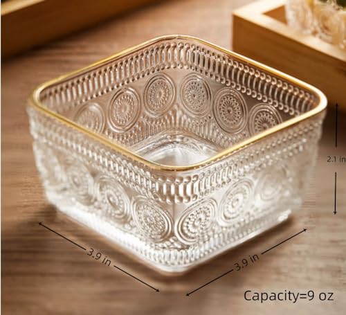 Mini Glass Candy Dish Set - Vintage Sunflower Embossed, Gold Rim, 9 OZ, 2 Pack