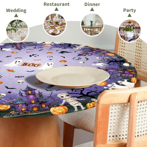 Halloween Round Fitted Tablecloth with Elastic - Purple, 40-44 Inch, Reusable