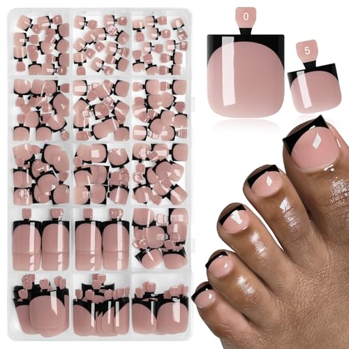 150pc Black French Tip Press On Toenails - Brown Short Square Style - Variation A