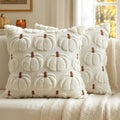 Fall Pumpkin Pillow Covers Set - Cream White with 3D Embroidered Pumpkins, 16x16 Inches, Pack of 2