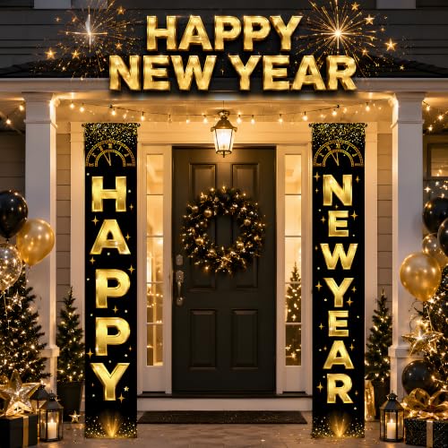 Black Gold New Year Porch Banner - Happy New Year Decorations 2027