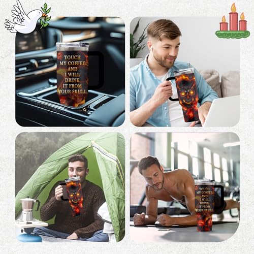 Goth 40oz Stainless Steel Wicked Tumbler with Handle & Straw - Flame Skull Variation