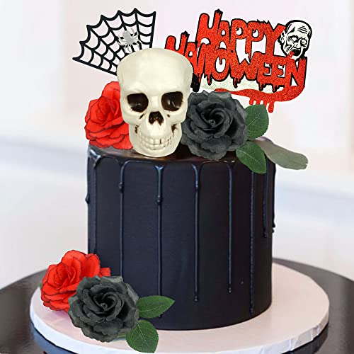 Halloween Cake Toppers Ghost Skeleton Web Rose Decorations - Red
