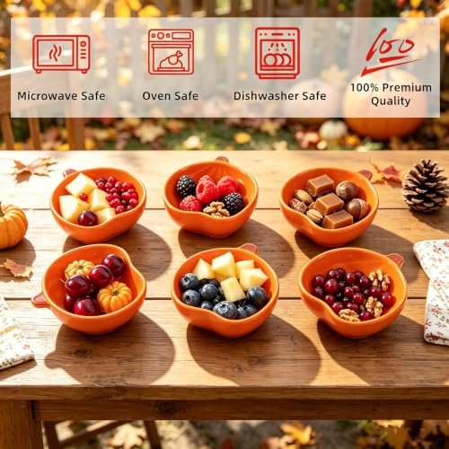 Orange Pumpkin Ceramic Dipping Bowl Set - 6 Mini Leaf-Shaped Sauces 1.6OZ