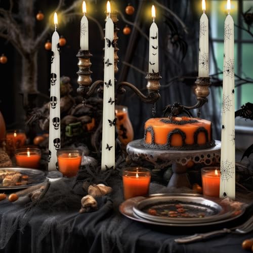 Halloween Taper Candles - 12 Pcs Ghost, Skull, Bat & Spider Web Styles, 10.6 Inch