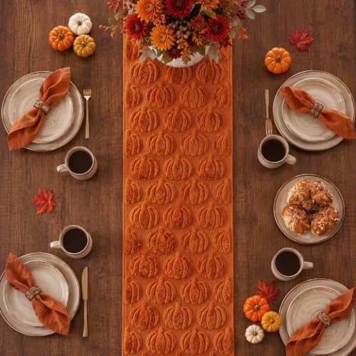 Caramel Fall Table Runner with 3D Pumpkin Decor - 13x72 Inch Autumn Thanksgiving