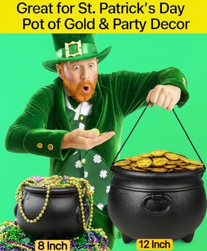 Halloween & St. Patrick’s Cauldron Set - Reusable Plastic Trick-or-Treat Buckets, 12 & 8 Inches