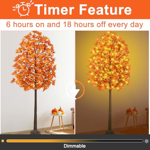 8ft Prelit Fall Maple Tree with 210 LEDs, Dimmable 8 Flash Modes, Autumn Decor