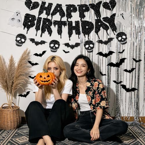 Halloween Birthday Banner Heart Ghost Skull Glitter Party Decorations - Pre-Strung