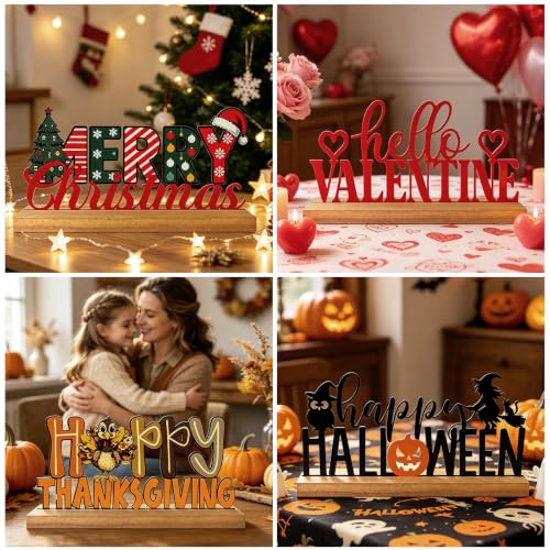 Interchangeable Seasonal Home Decor Metal Table Sign Set with Wooden Base
