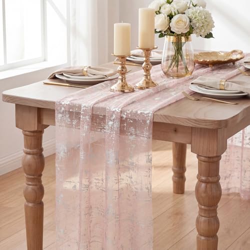 Pink Silver Gauze Table Runner 28 x 120 Inch Sheer Glitter for Wedding & Party Decor