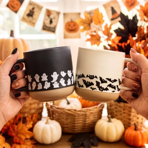 Halloween Bat Ghost Ceramic Coffee Mug Set - 2 Pcs, 19 oz, Spooky Drinkware
