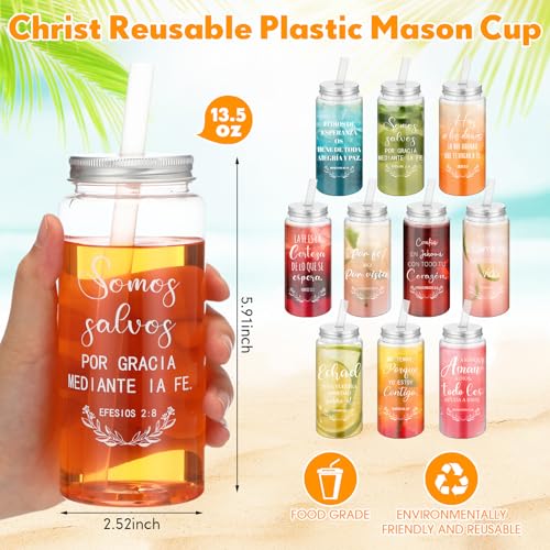 Spanish Christian Gift Cups 20 Pack - Reusable 13.5 oz Mason Jar with Straw & Lid