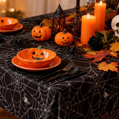 Halloween Plastic Tablecloth 1 Pack - Spooky Web & Spider Pattern, 54x108 Inch, Spillproof, Disposable, Black