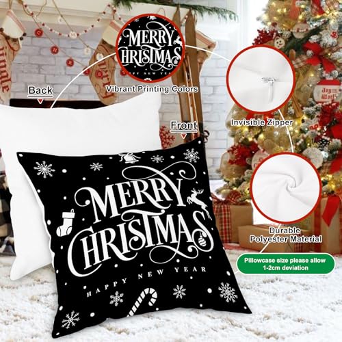 Black Christmas Pillow Covers Set of 4 24x24 Holiday Cushion Cases Winter Decor