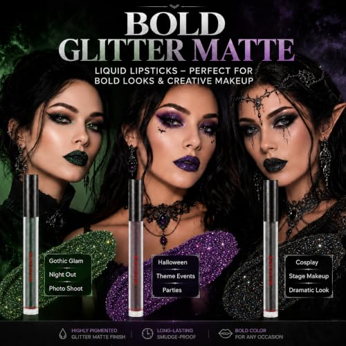 Liquid Lipstick Set - Black Green Purple Glitter Matte Long-Lasting for Halloween