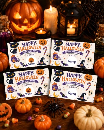 Halloween Scratch Off Cards - Pumpkin Ghost Theme, Black Cat Variation, 50 Pack