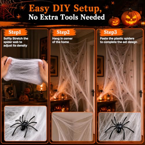 1400 Sqft Halloween Spider Web Decor Set with 150 Fake Spiders - Stretchy, Easy to Install