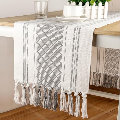 ADRIMER Boho Table Runner & Placemats Set of 6 - Grey & White, Rectangular, 72 Inch