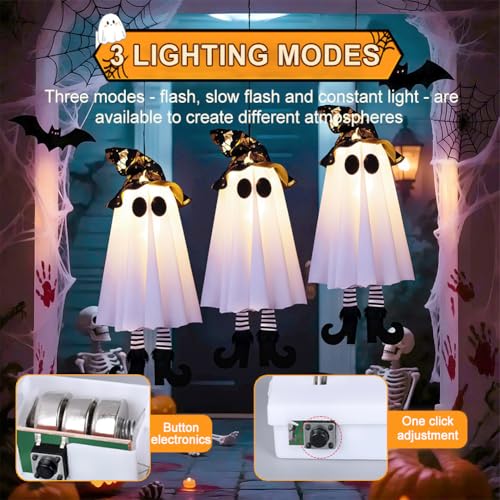 Halloween Spooky Ghost Light-Up Hanging Ornament Set - Black Hat Variation