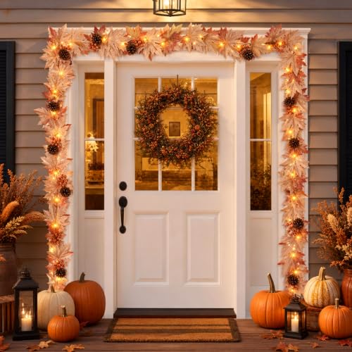 9FT Fall Garland with Lights - Large Maple Leaves Berries Pinecones Autumn Decor