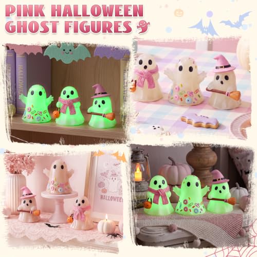 Pastel Halloween Ghost Figurines Set - Glow in the Dark Resin Decor - 3 Pieces
