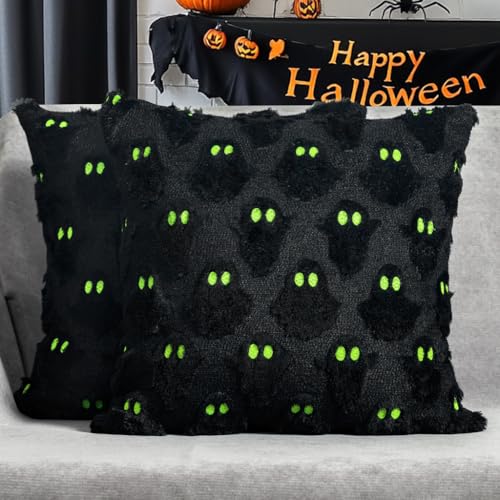 Halloween Pillow Covers 18x18 Set of 2 Black Ghost Home Decor - Green Variation