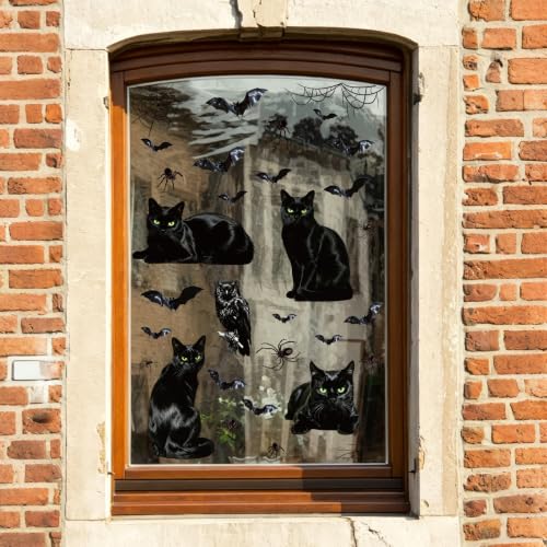 Halloween Window Clings Set - Black Cat Bat Owl Decorations for Glass Windows - Black Cat Variation