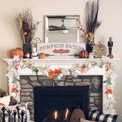 Fall Maple Leaf Garland with White Pumpkins & Berries - 2 Pack, 11.6 Ft Autumn Decor, Thanksgiving Halloween - White Fall Garlands