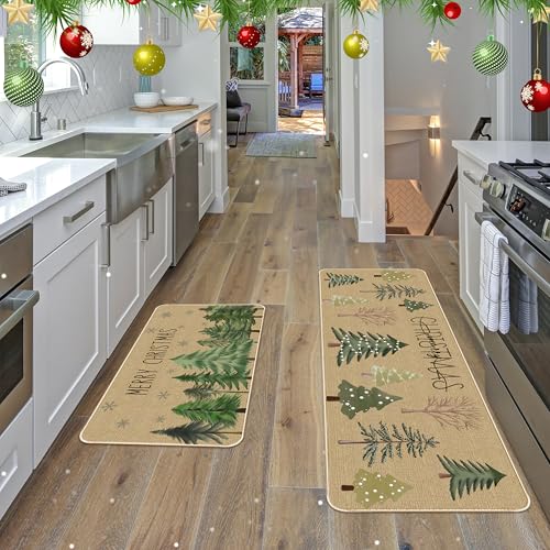 Christmas Kitchen Rugs Set of 2 - Merry Christmas Tree Farmhouse Floor Mats - Tree-01