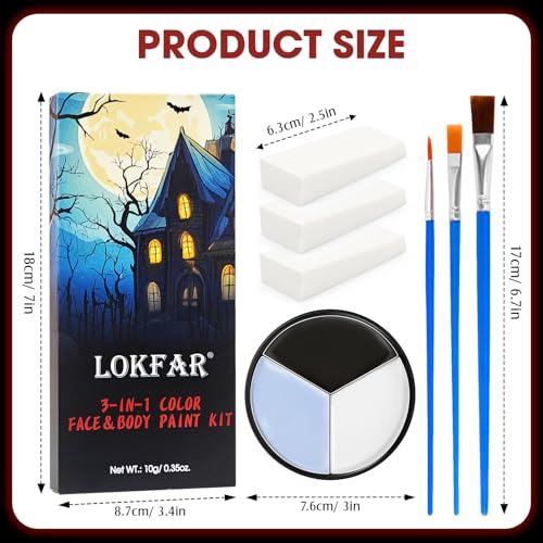 Skeleton/Skull Halloween Face & Body Paint Kit - Black, White, Grey/Gray, with Sponge & Brush