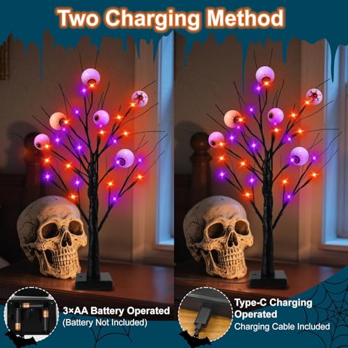 2FT Halloween Lighted Tree Set - Indoor Spooky Decor with 48 LEDs & Timer