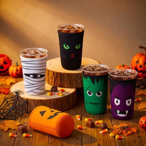 Halloween Coffee Sleeve Set - Reusable Insulators for 22-24 oz Cups - Spooky Designs