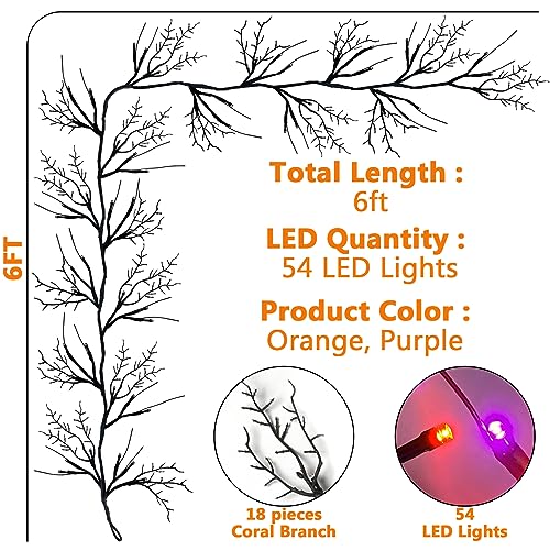 Halloween Willow Vine Garland with 54 LED Lights - 6 Ft Orange & Purple, Waterproof, 8 Modes
