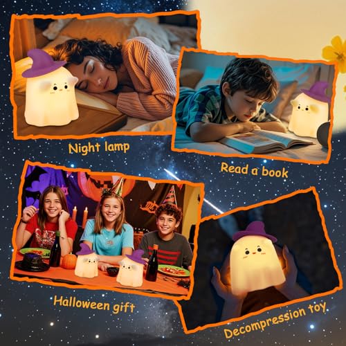 Ghost Night Light with Timer - Magician Warm White Squeeze Touch Lamp - Rechargeable and Dimmable Halloween Decor