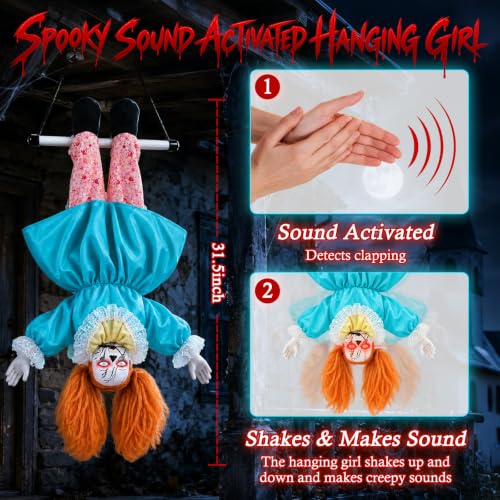 Halloween Hanging Animatronic Doll - Creepy 31.5 Inch Outdoor Decor with Glowing Eyes