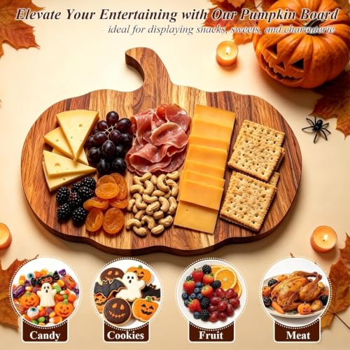 Halloween Pumpkin Cutting Board - 13x12 Inch Natural Wood Charcuterie Platter for Fall Decor
