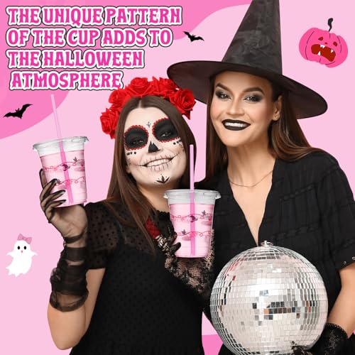 Halloween Plastic Cups with Straws and Lids - Pink Novel Style - 50 Pack 12oz