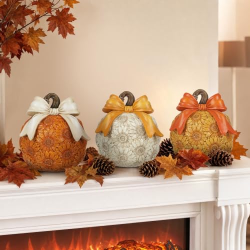 Fall Sunflower Pumpkin Decor Set - 3 Pack Artificial Autumn Pumpkins with Bows - White, Orange, Yellow