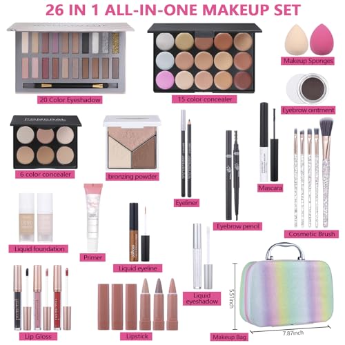 Full 20-Color Makeup Kit for Women & Teens - Eyeshadow, Foundation, Lipstick & Brushes - Gift Set
