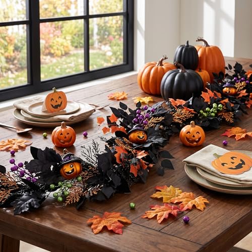 Halloween Garland with Lights and Pumpkins - 6ft Fall Decor for Mantle and Doorway